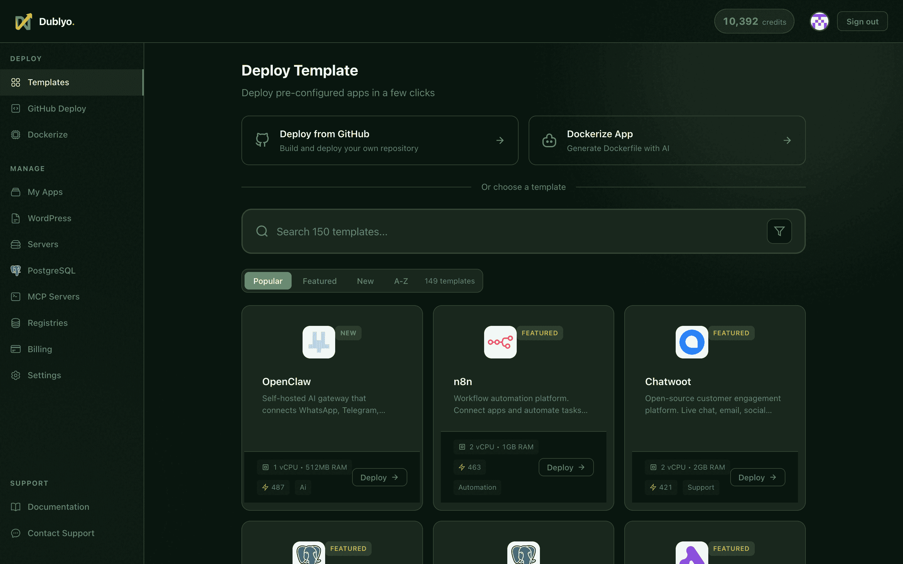 Deploy page with templates