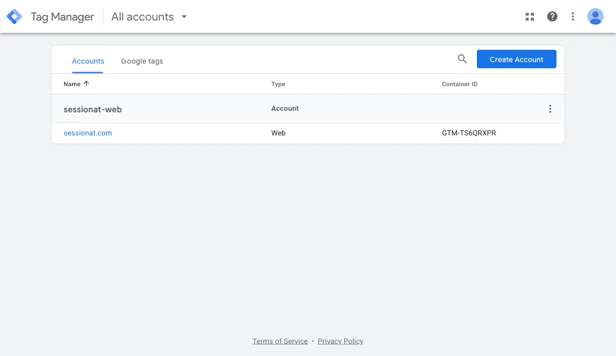 Google Tag Manager home showing an account with a Web container
