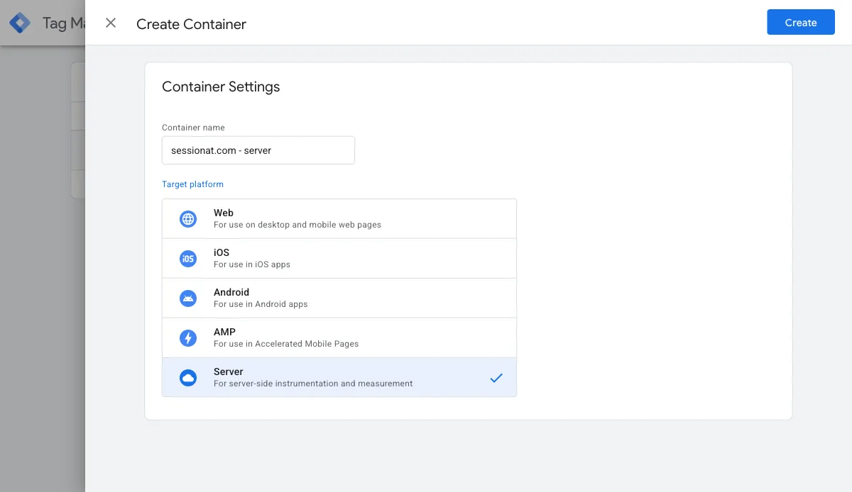 Create Container dialog with the Server target platform selected