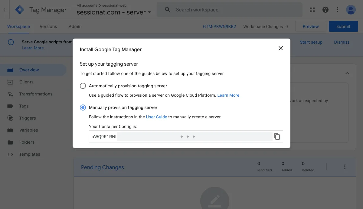 Manually provision tagging server selected, revealing the Container Config string