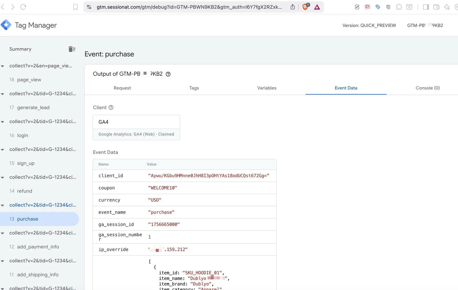 Tag Assistant preview on the self-hosted server: the event sidebar lists the full funnel and the purchase event shows the GA4 client claiming it with currency, coupon, session and items data