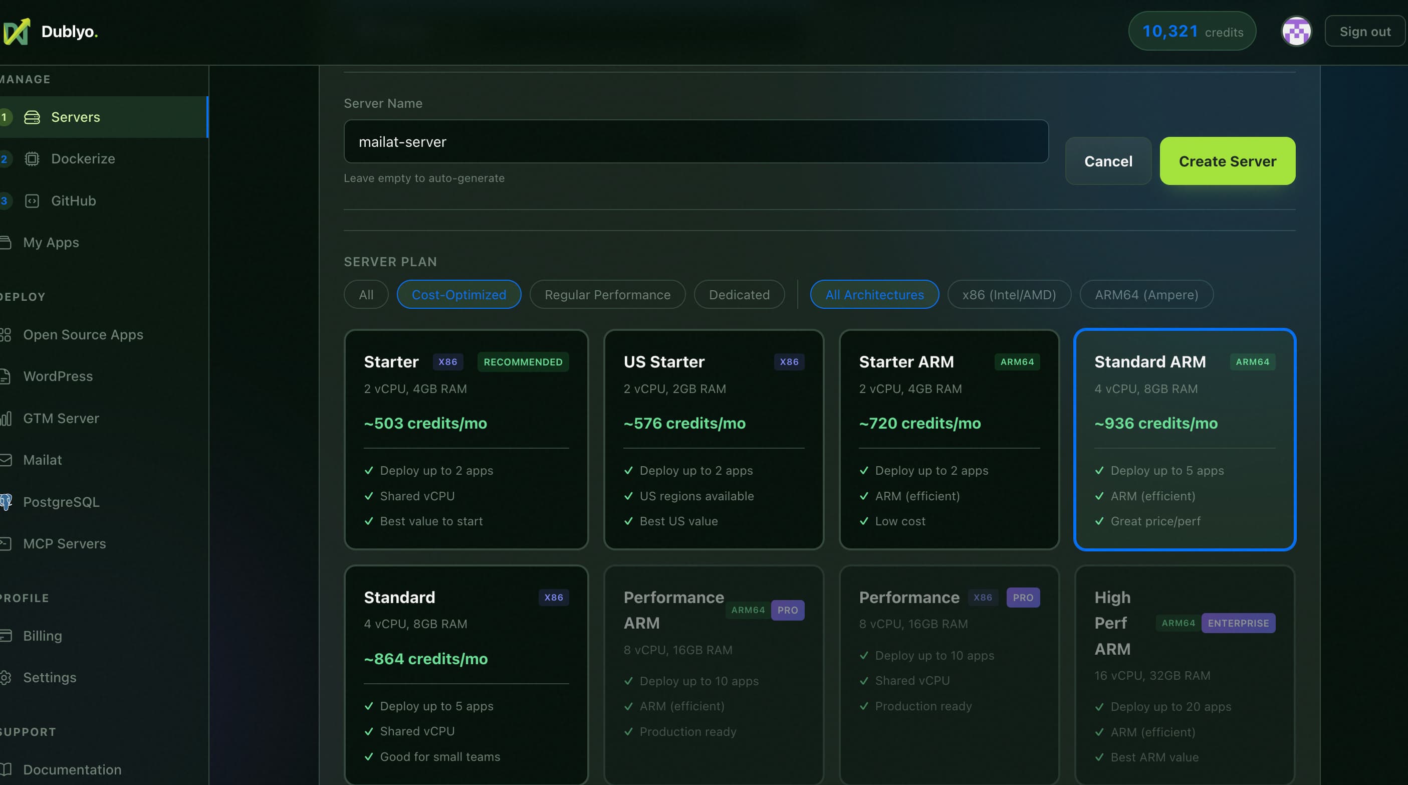 Create a new server on Dublyo — name it and choose a plan