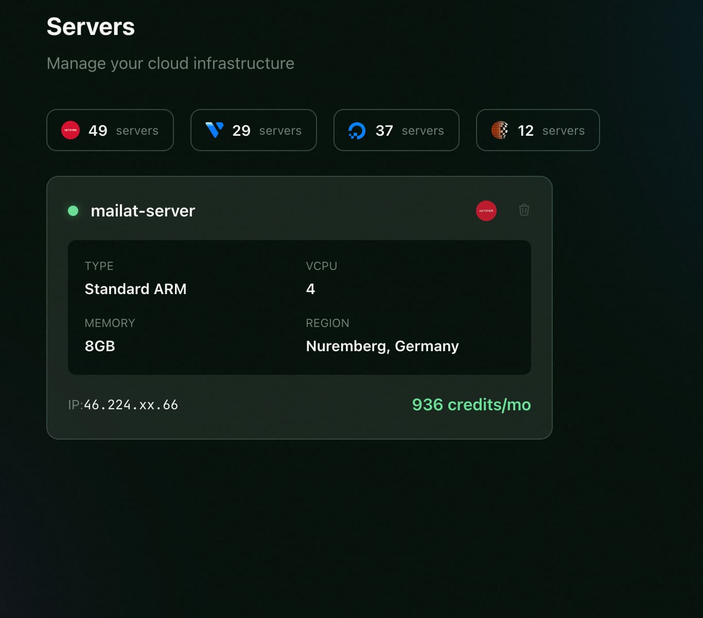 Server created successfully showing Standard ARM with 4 vCPU, 8GB RAM