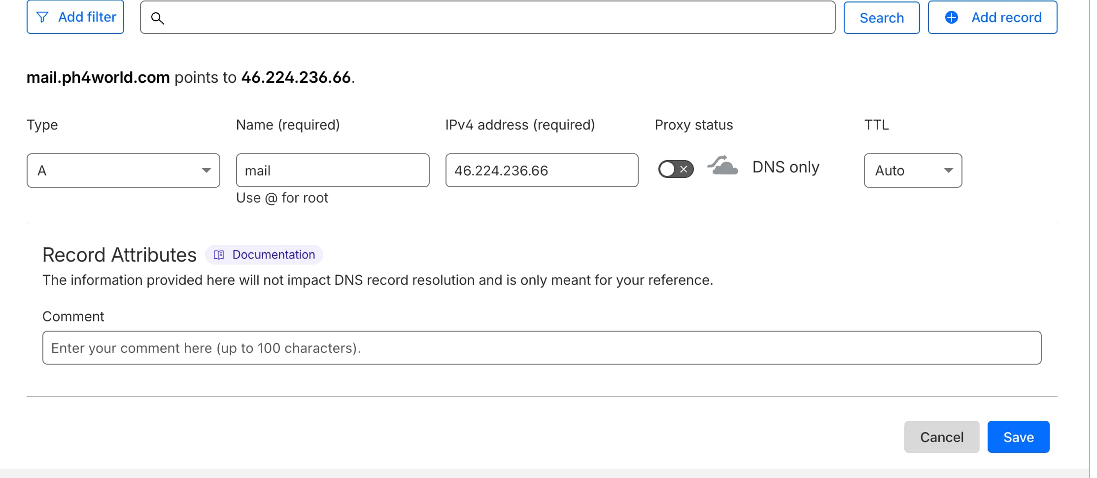 Cloudflare DNS setup showing A record with proxy disabled (DNS only)