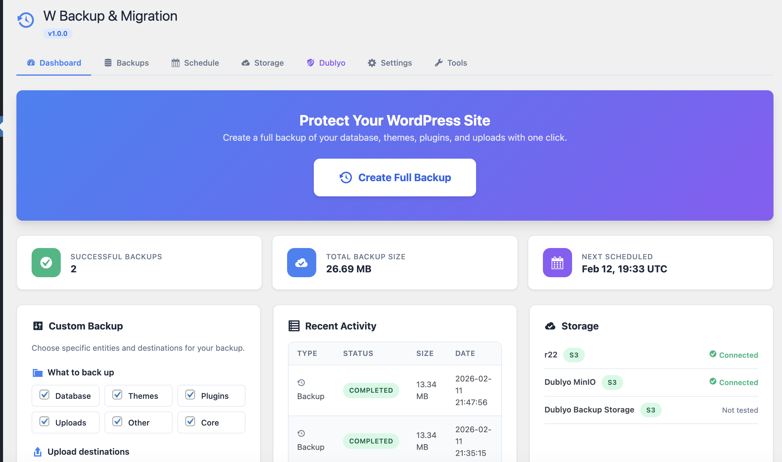 Dublyo Backup and Migration Dashboard